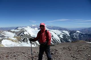 04 Jerome Ryan With Cerro Fitzgerald, Zurbriggen, Cupola de Gussfeldt, La Mesa, Mercedario, Alma Negra, Ramada Just After Leaving Camp 2 For Aconcagua Camp 3 Colera.jpg